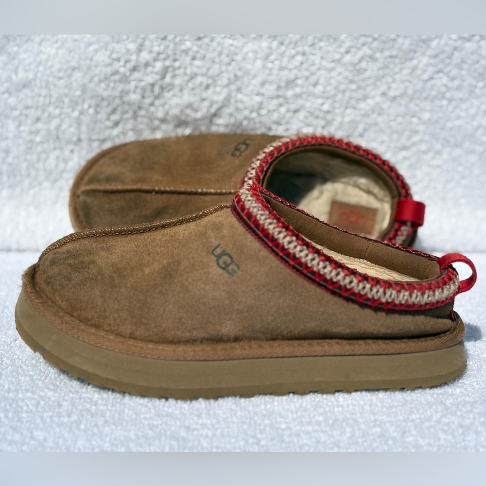 UGG Kids Chestnut Slip-On Moccasins with Red Knit Trim
